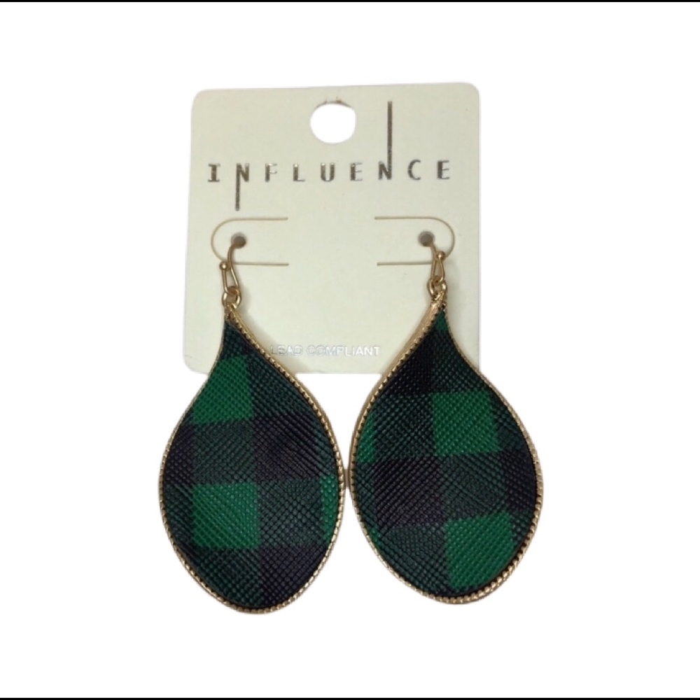 Plaid Green, Black & Gold Tone Earrings NWT